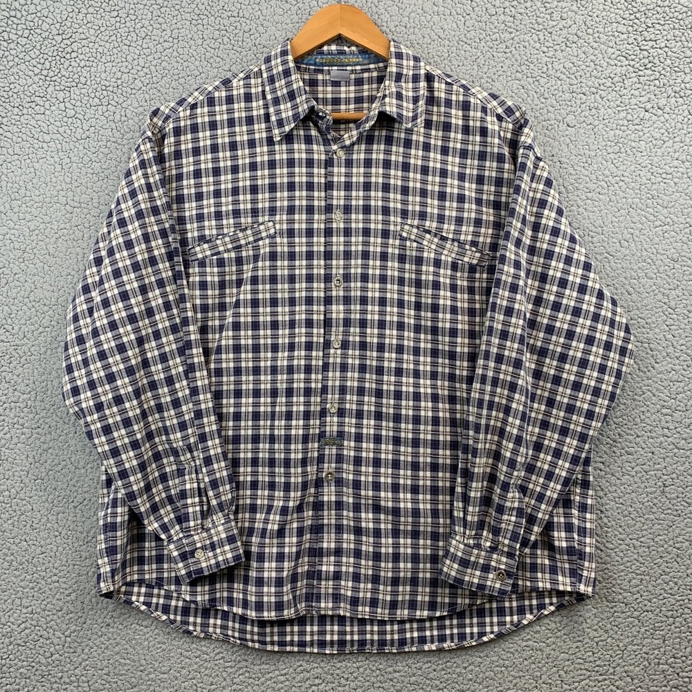 MARITHE GARBAUD FRANCIS Men's Plaid Button Up Long Sleeve L Navy White Rayon